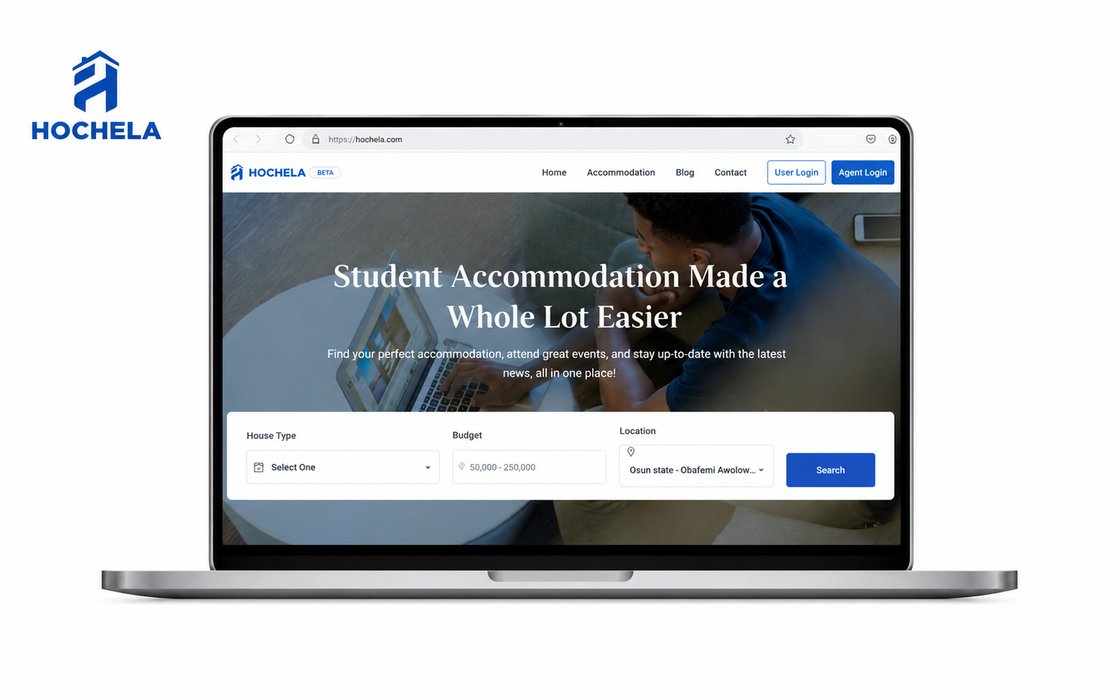 Hochela student accommodation website on a laptop