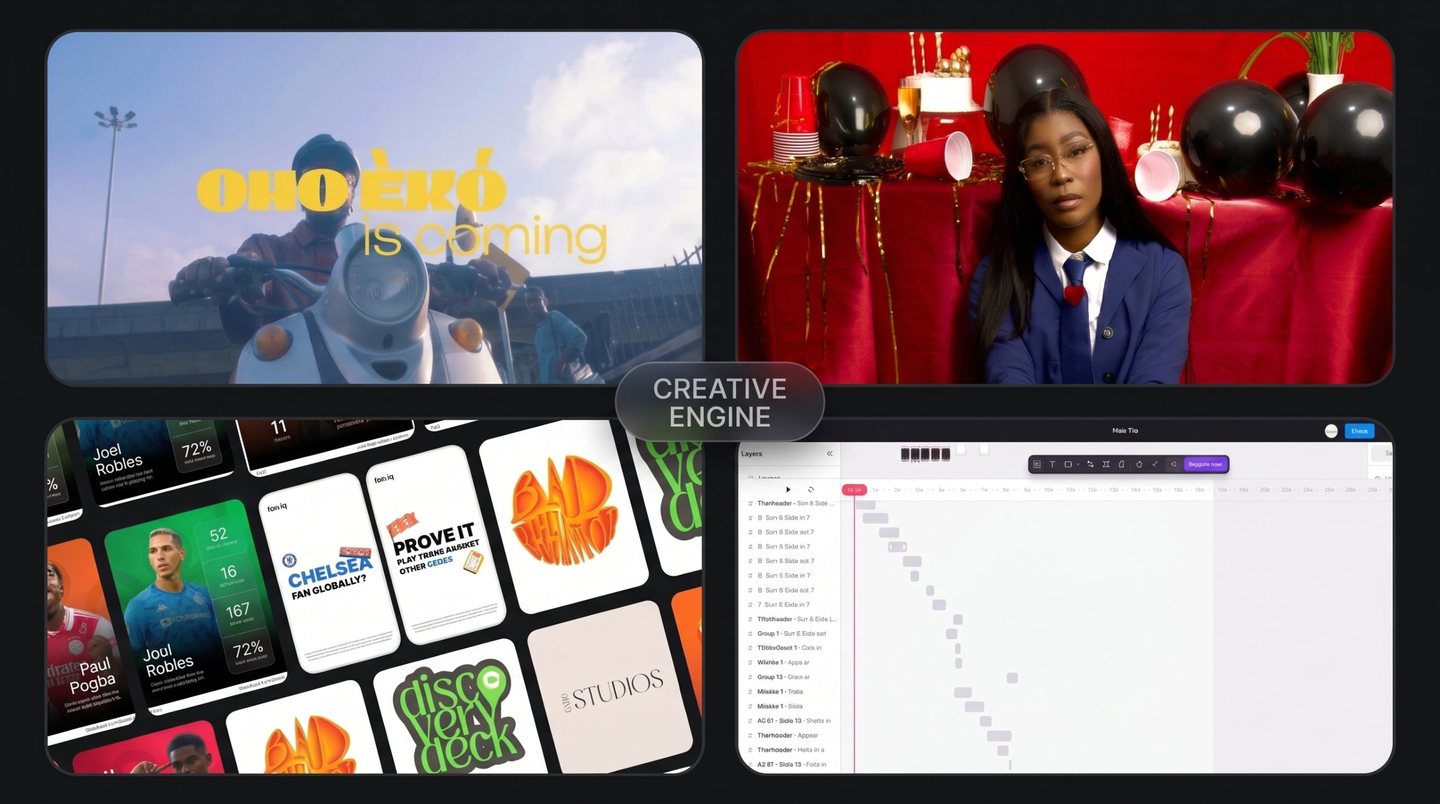 Creative Engine: Omo Èkó film still, fan iq shoot, template and design grid, and animation timeline