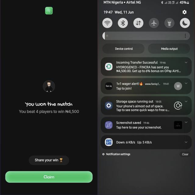 Winner screen and payout notification