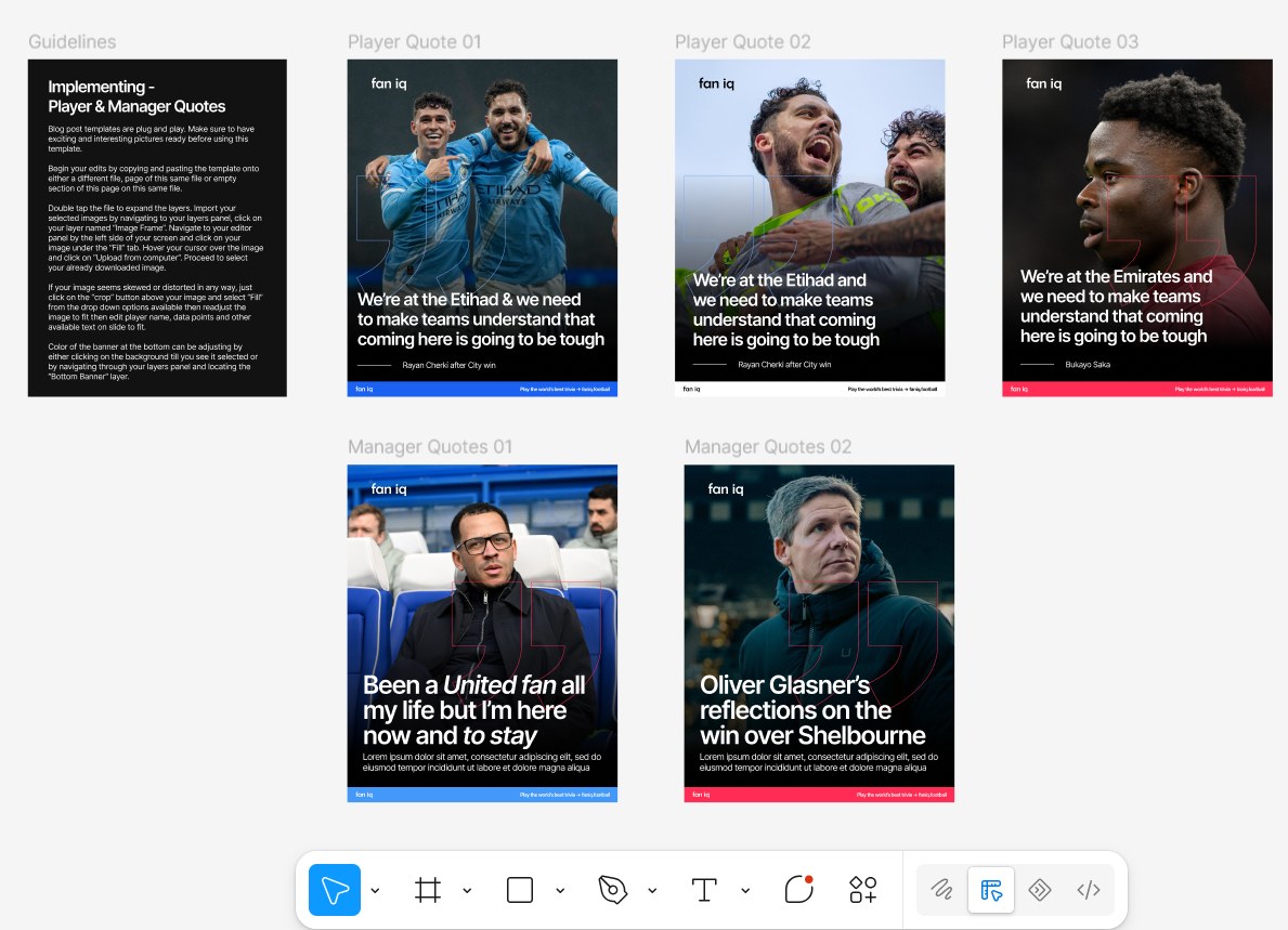 Figma sheet of player and manager quote templates